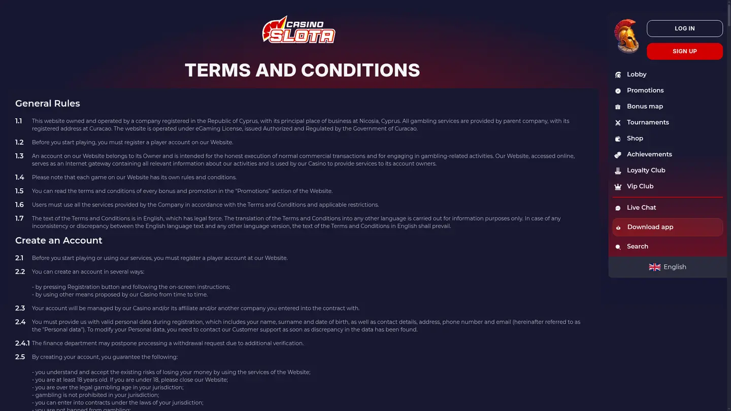 SlotaCasino — Withdrawal terms