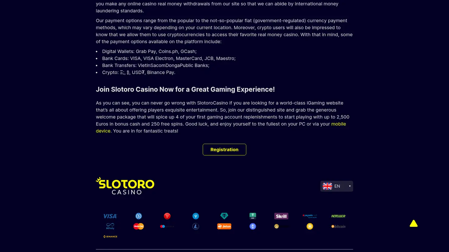 Slotoro Casino — Payment methods and licensing