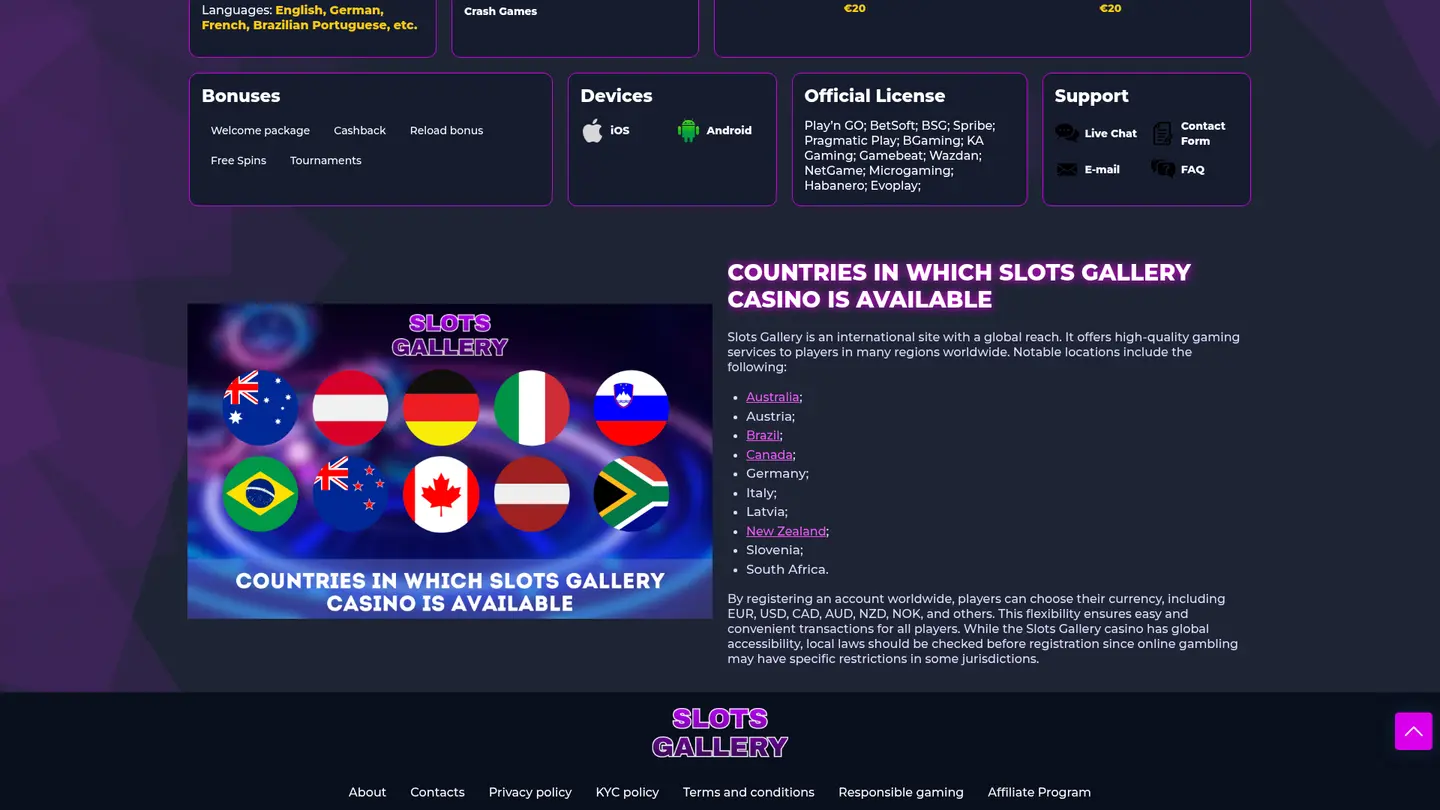 Slots Gallery Casino — Payment methods and licensing