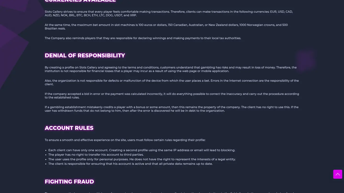 Slots Gallery Casino — Terms in detail