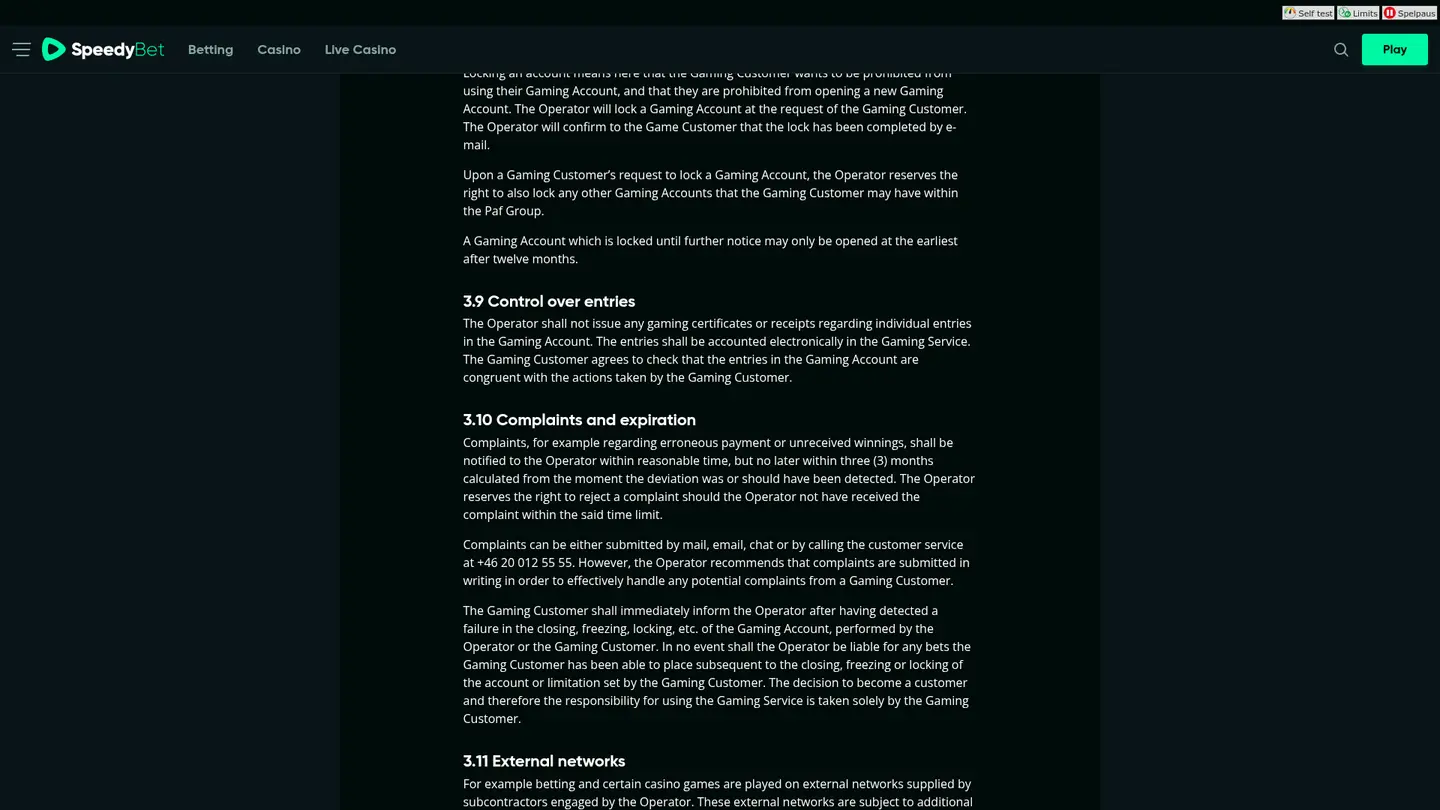 Speedybet Casino — Terms in detail