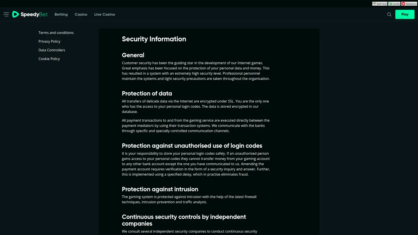 Speedybet Casino — Support and licensing