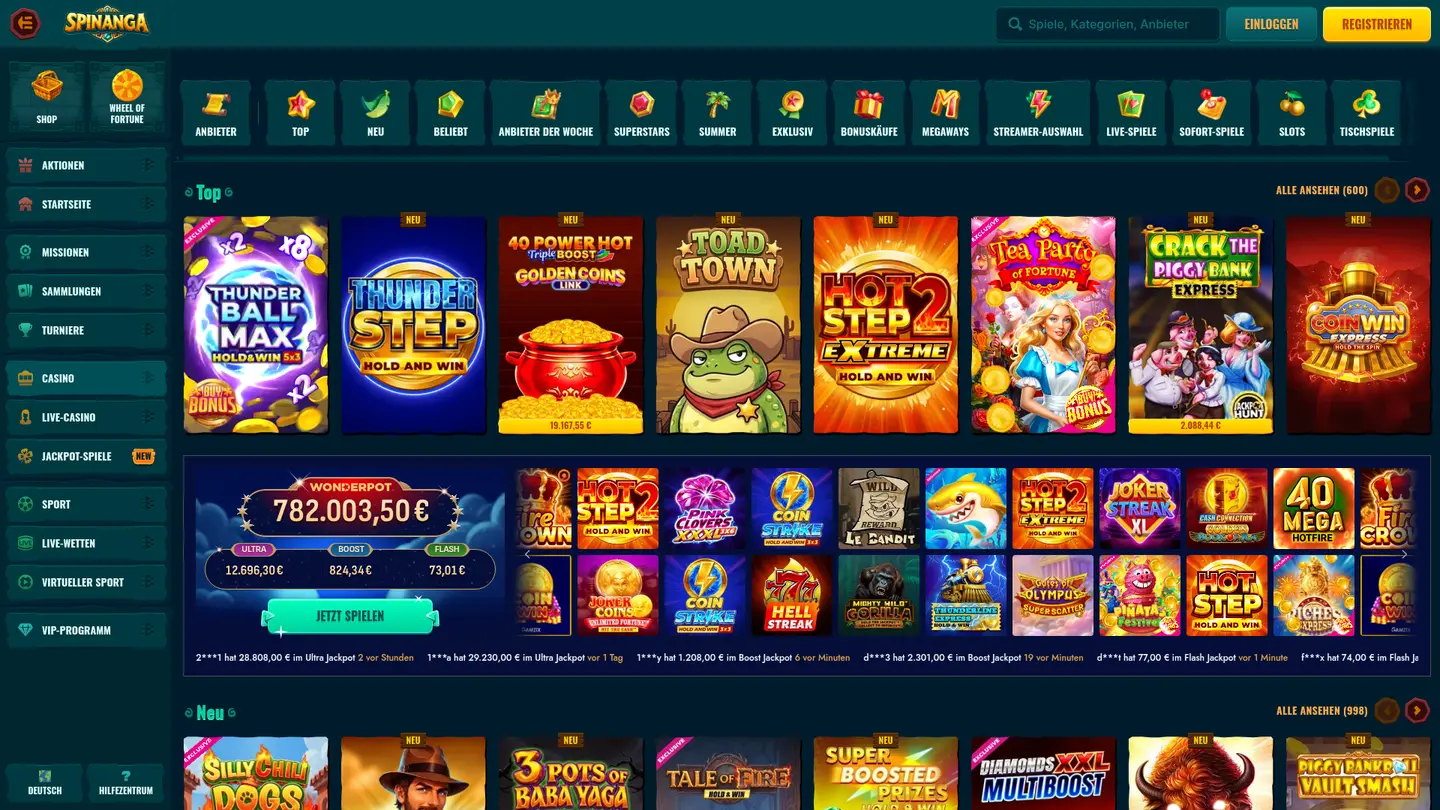 Spinanga Casino — Game lobby
