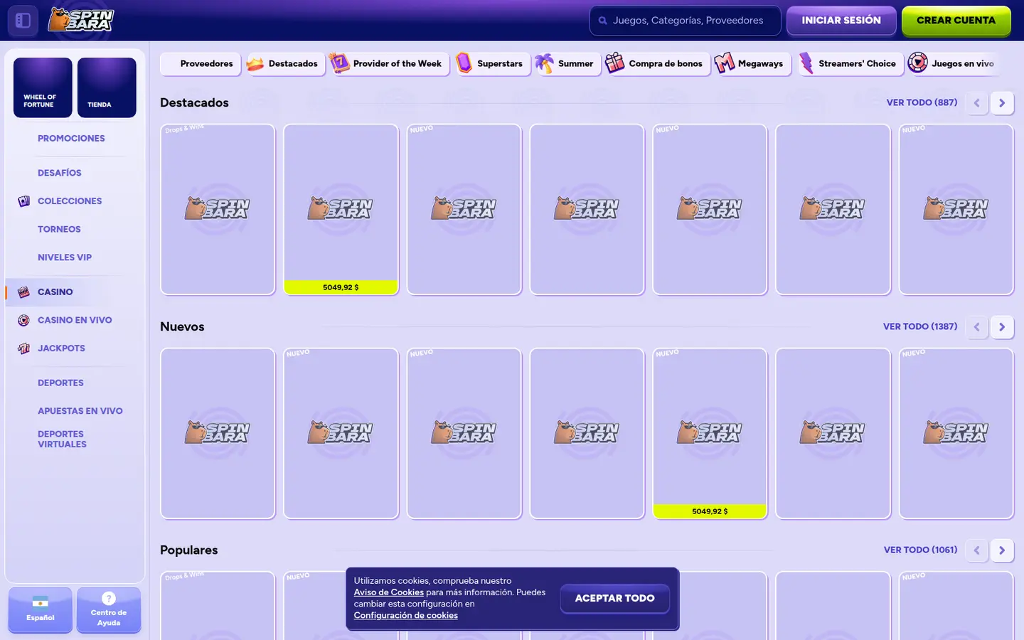 Spinbara Casino — Game lobby