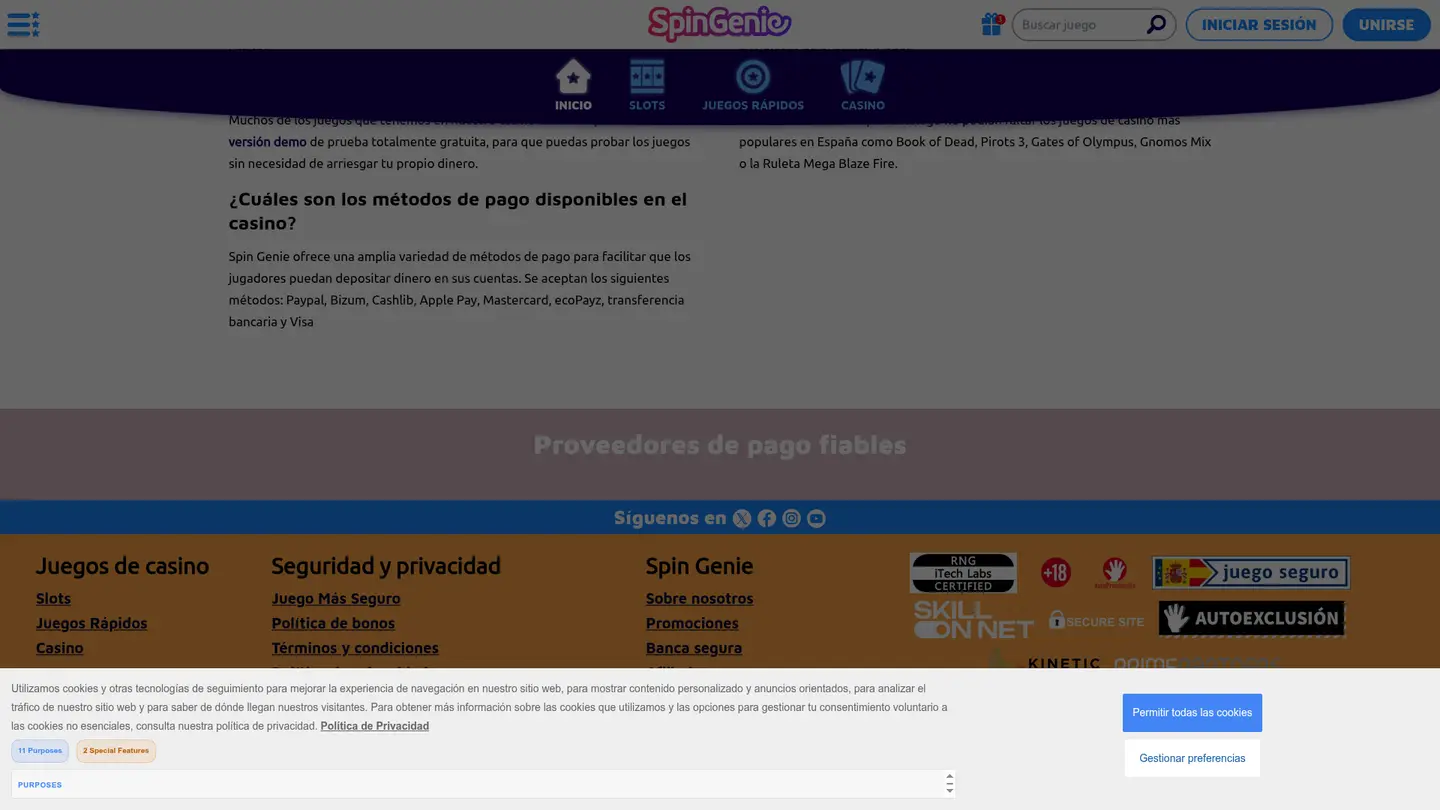 SpinGenie Casino ES — Payment methods and licensing