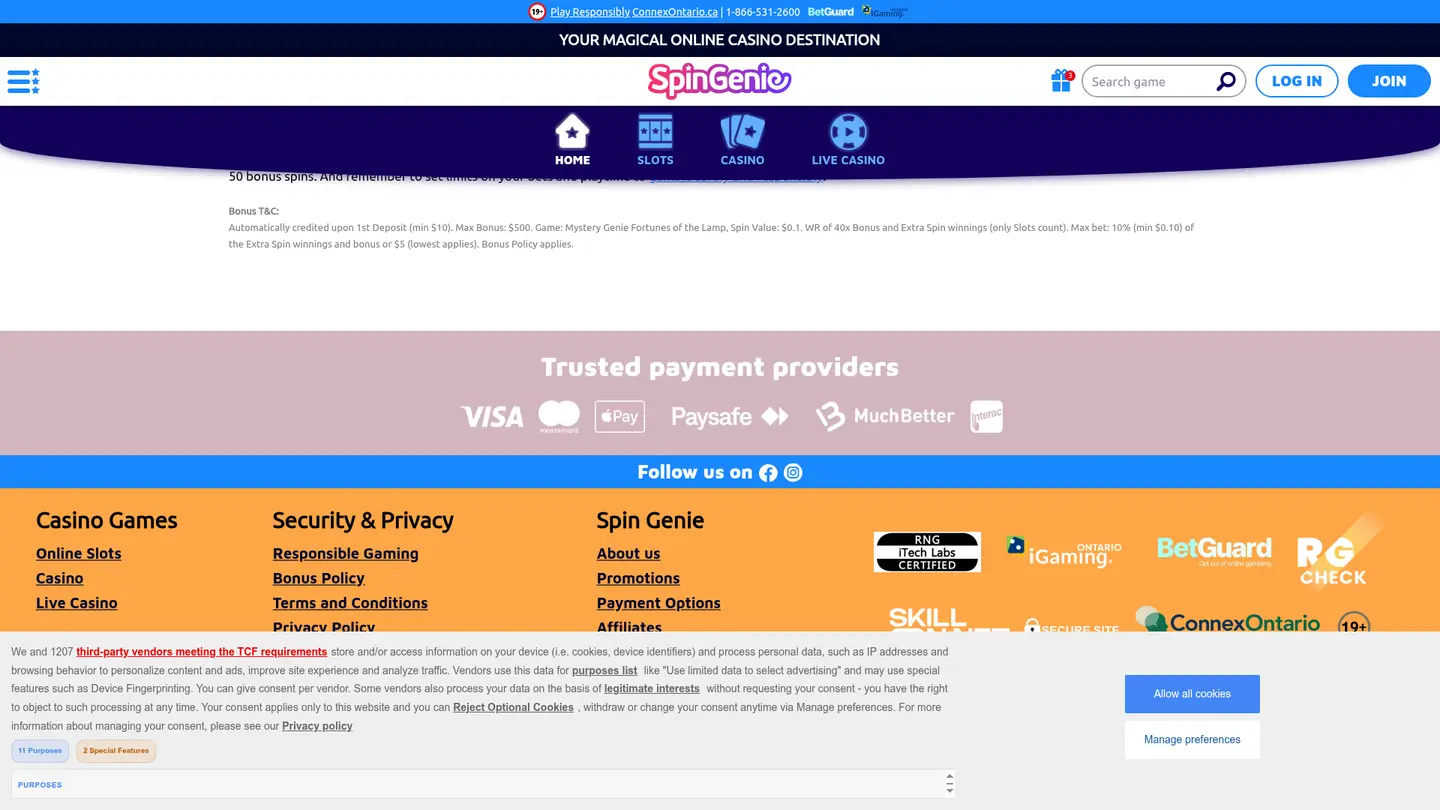 SpinGenie Casino Ontario — Payment methods and licensing