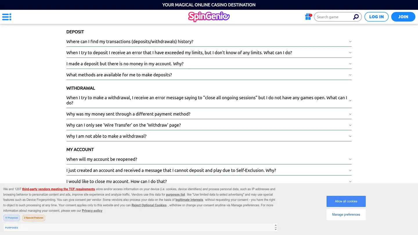 SpinGenie Casino Ontario — Support in detail