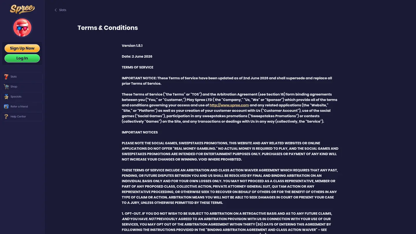 Spree Casino — Withdrawal terms