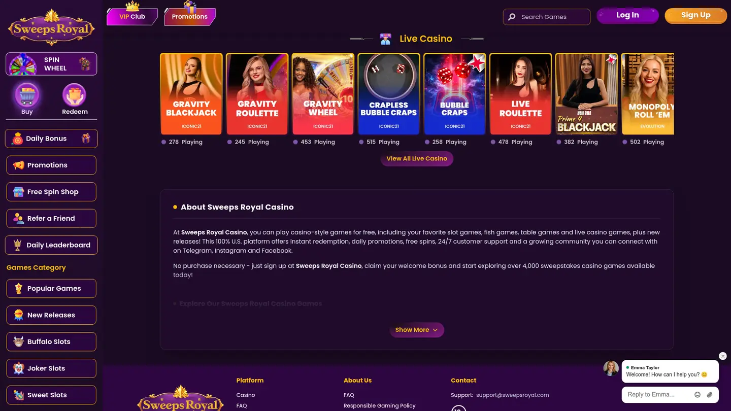 SweepsRoyal Casino — Payment methods and licensing