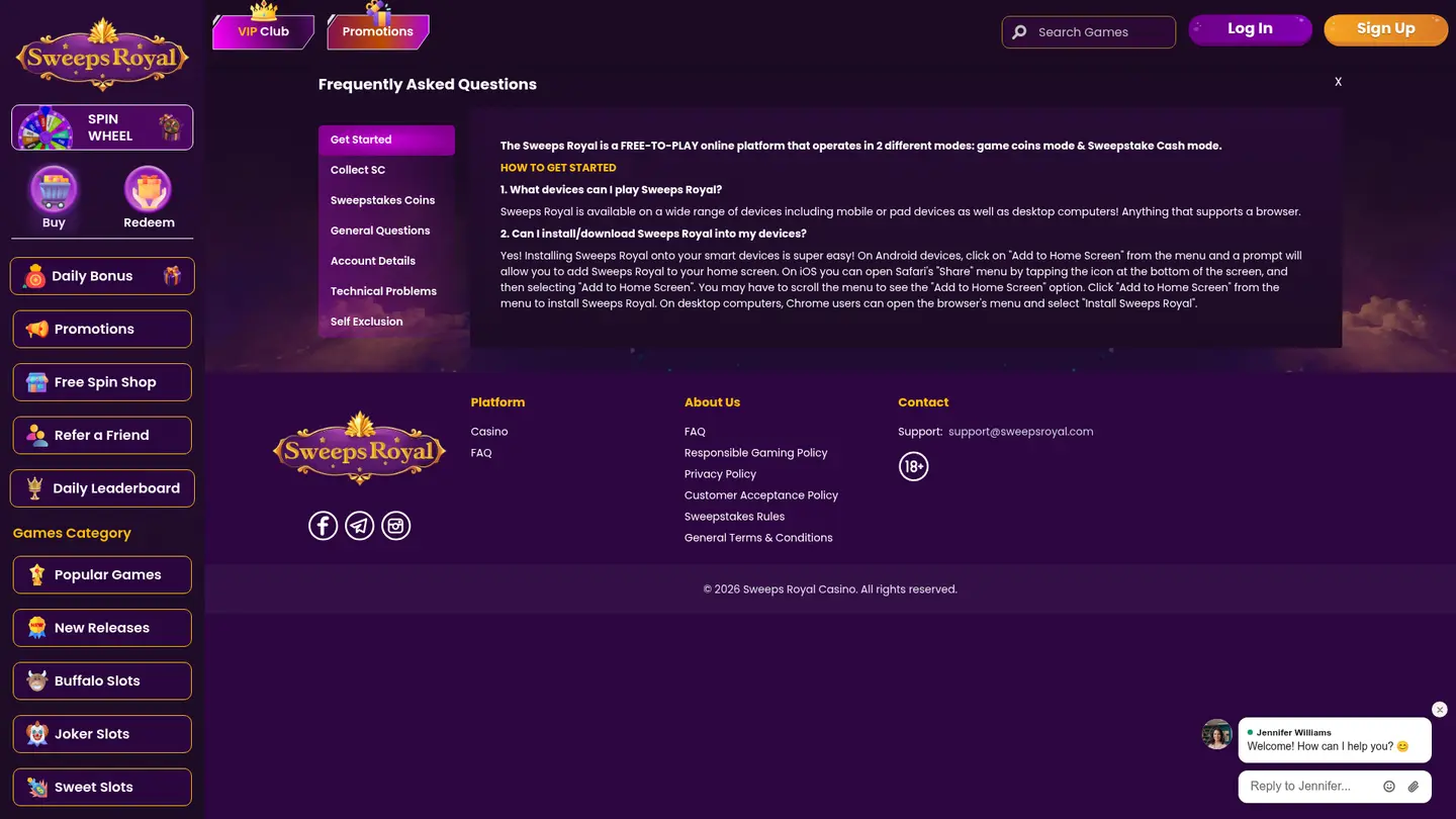 SweepsRoyal Casino — Support and licensing