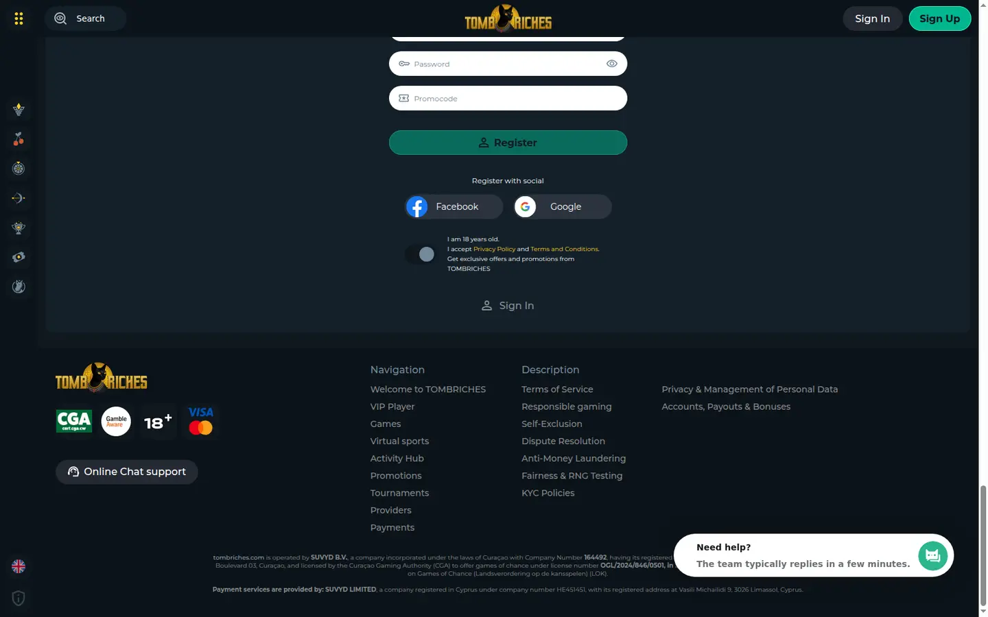 TombRiches Casino — Payment methods and licensing
