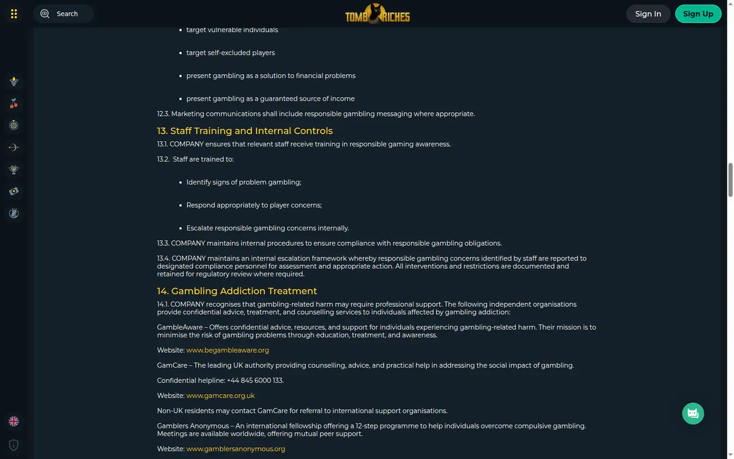 TombRiches Casino — Support in detail