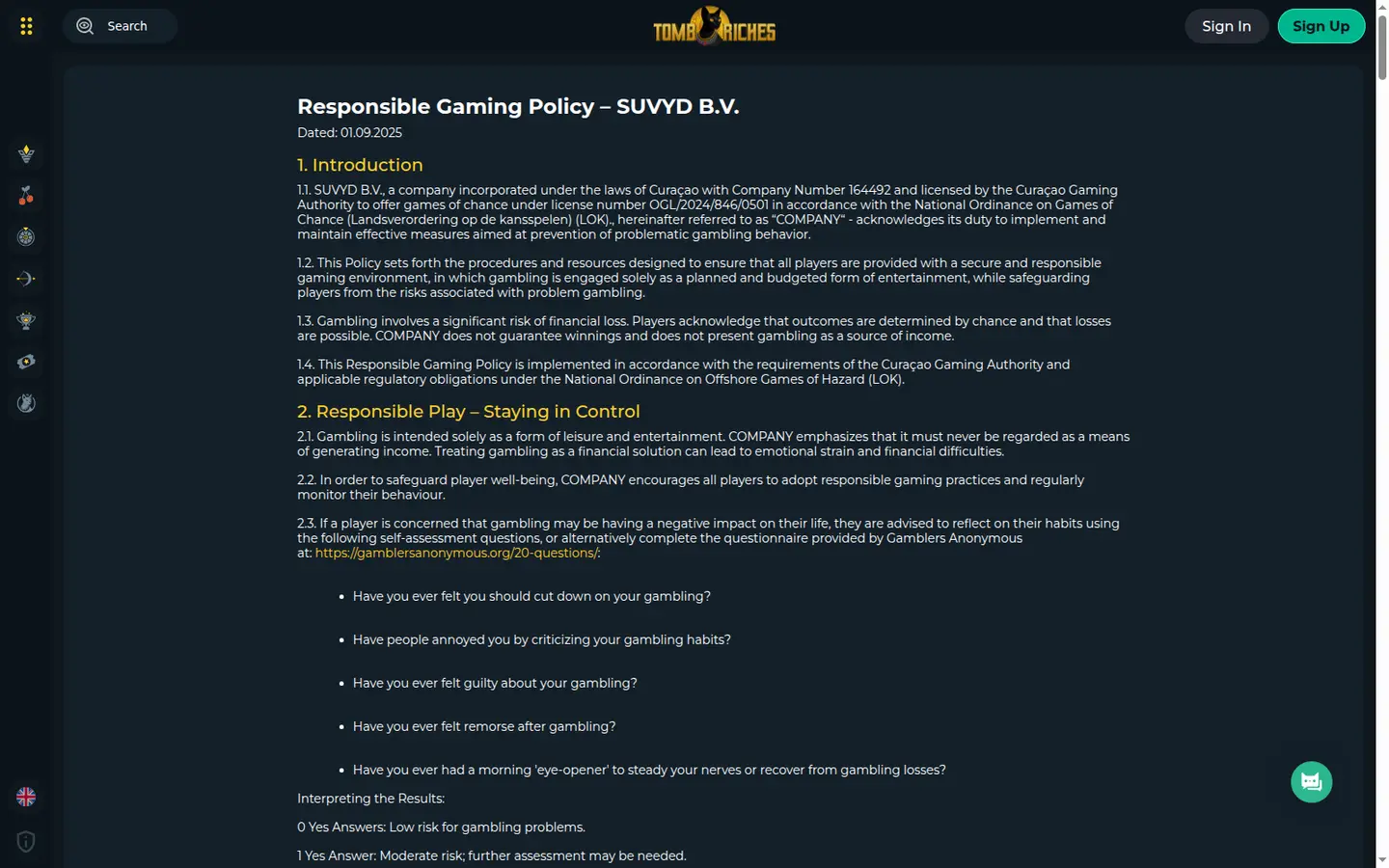 TombRiches Casino — Support and licensing