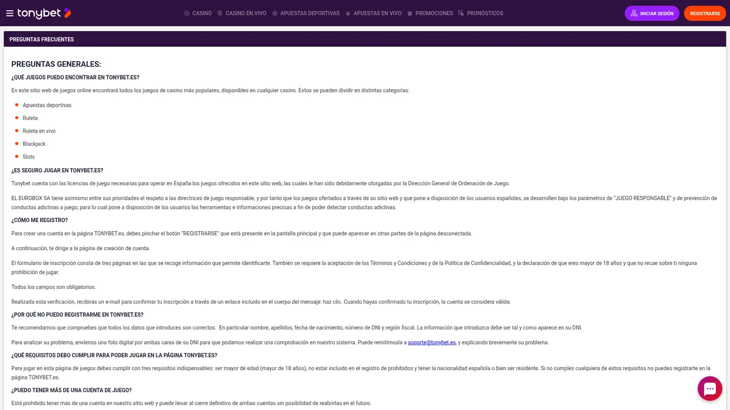 Tonybet Casino ES — Support in detail