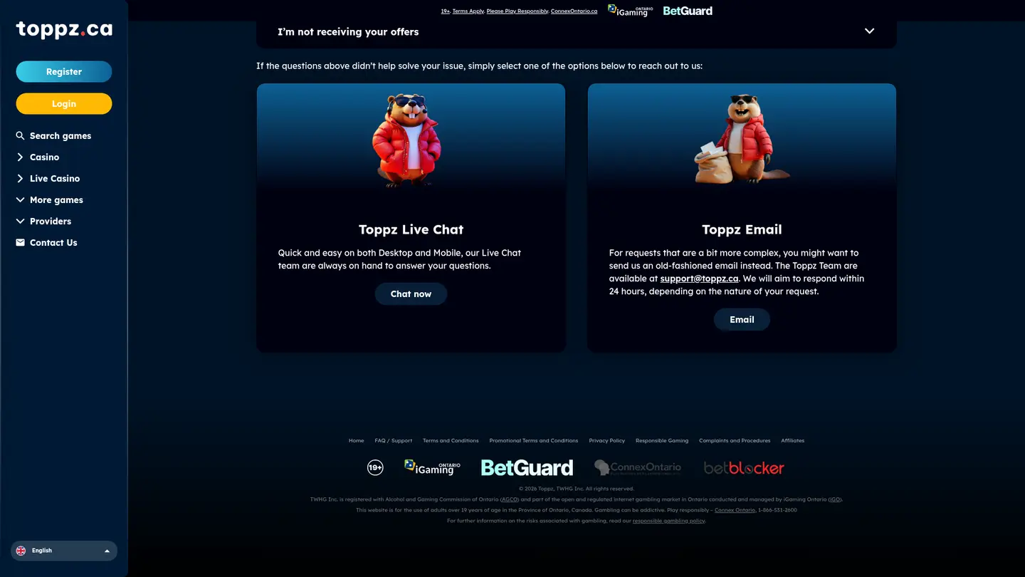 Toppz Casino — Support in detail