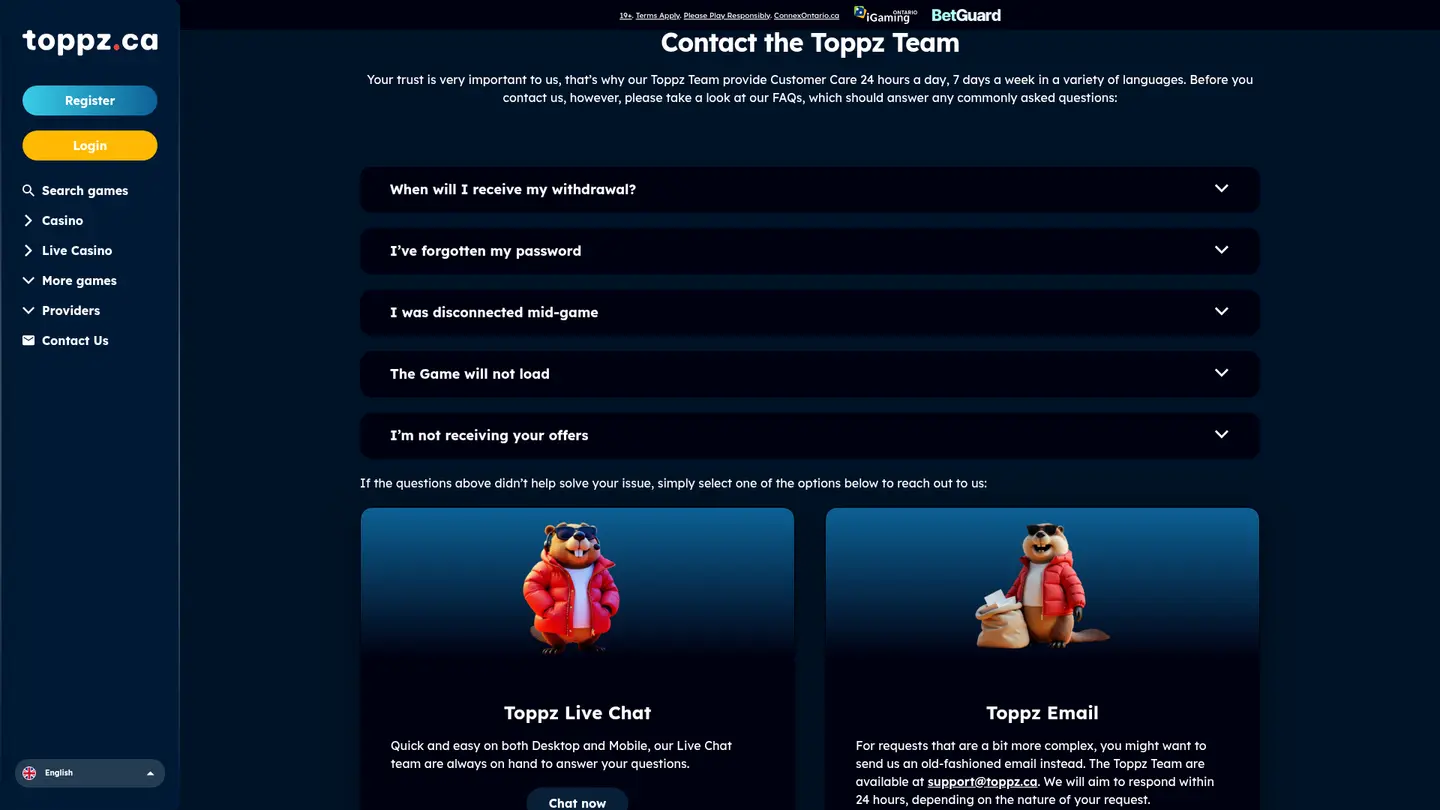 Toppz Casino — Support and licensing