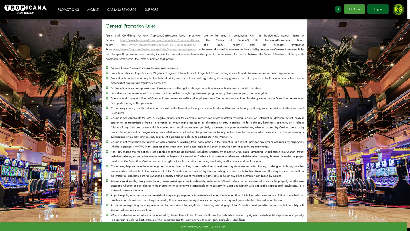 Tropicana Casino NJ — Terms in detail