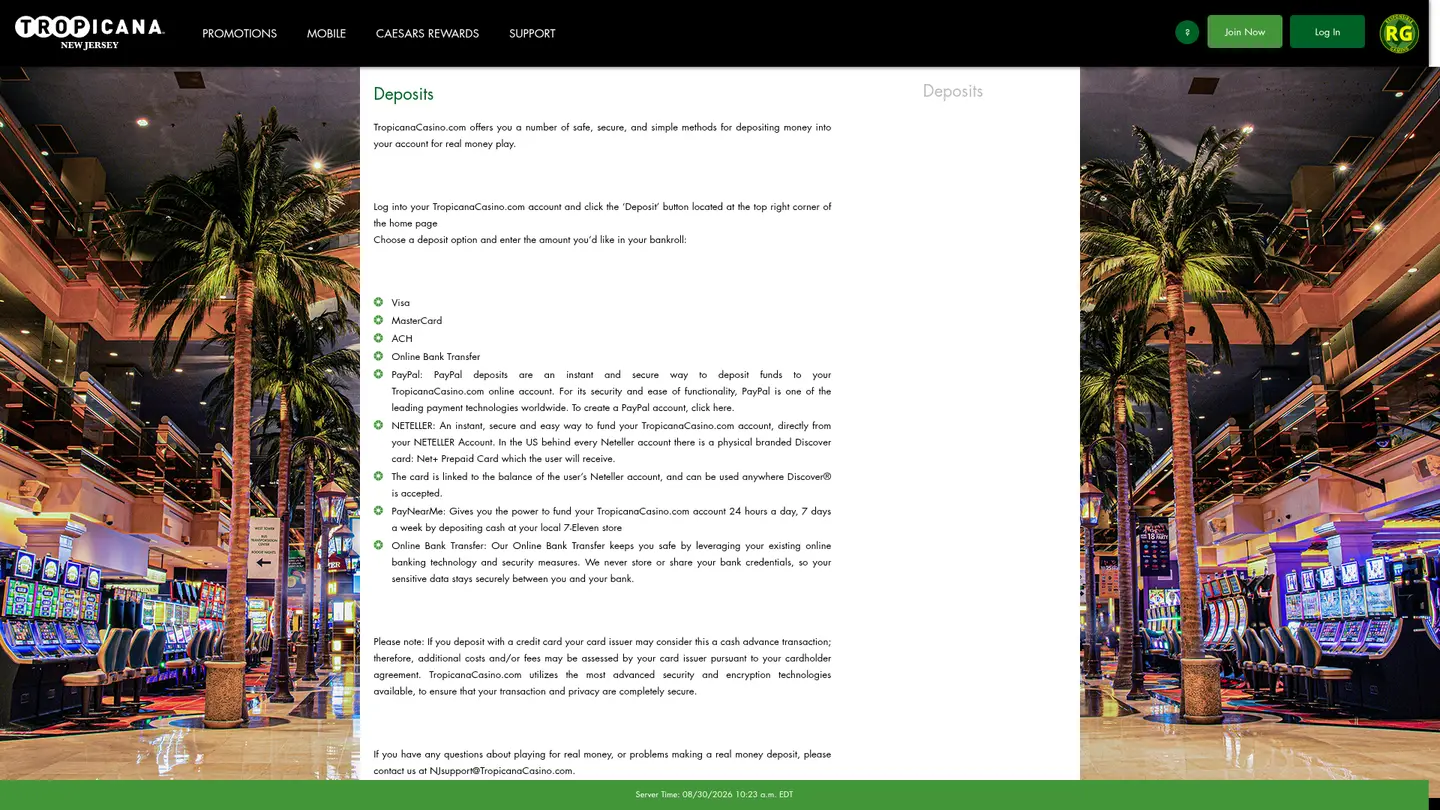 Tropicana Casino NJ — Deposit methods