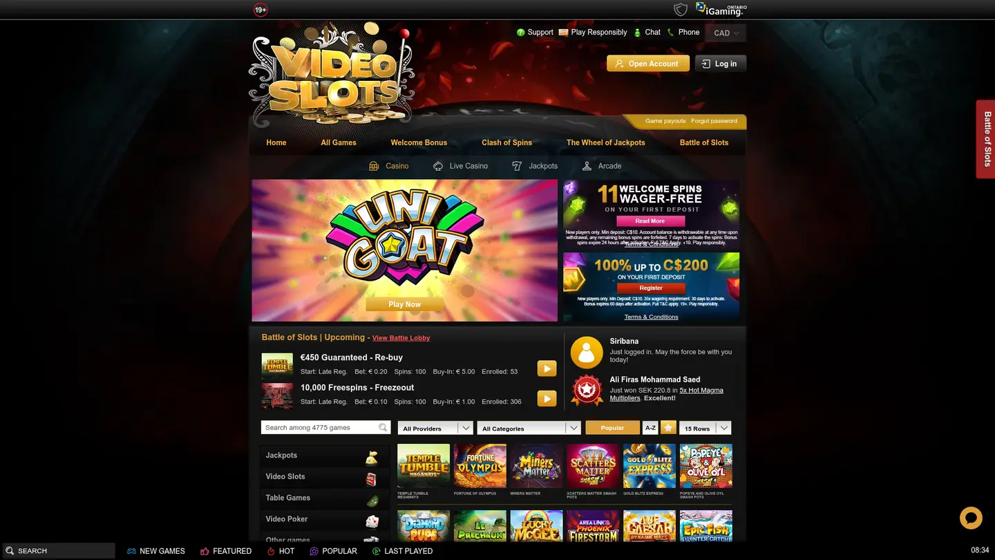 Videoslots Casino Ontario — Game lobby