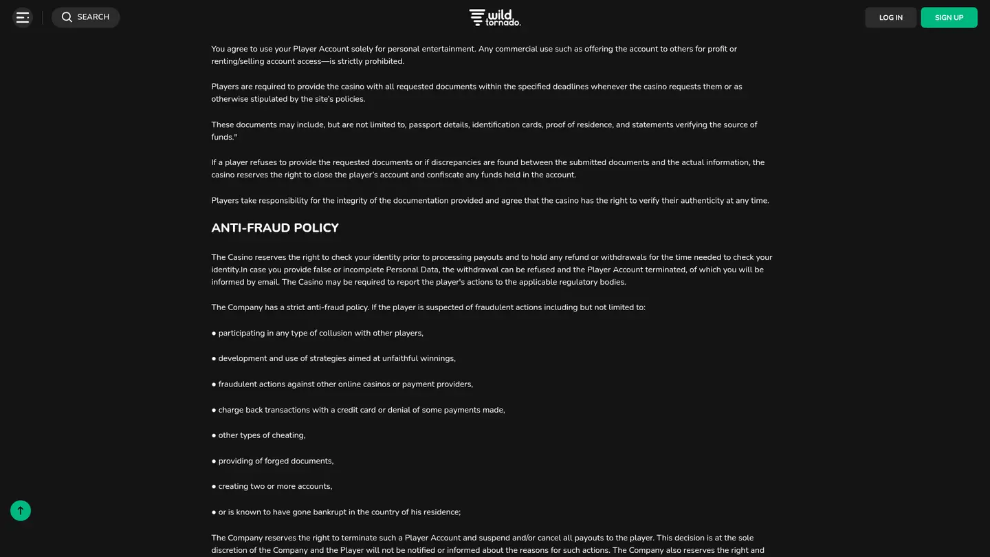 WildTornado Casino — Terms in detail