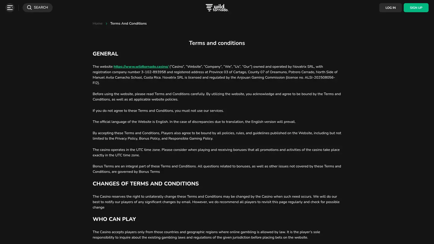 WildTornado Casino — Withdrawal terms