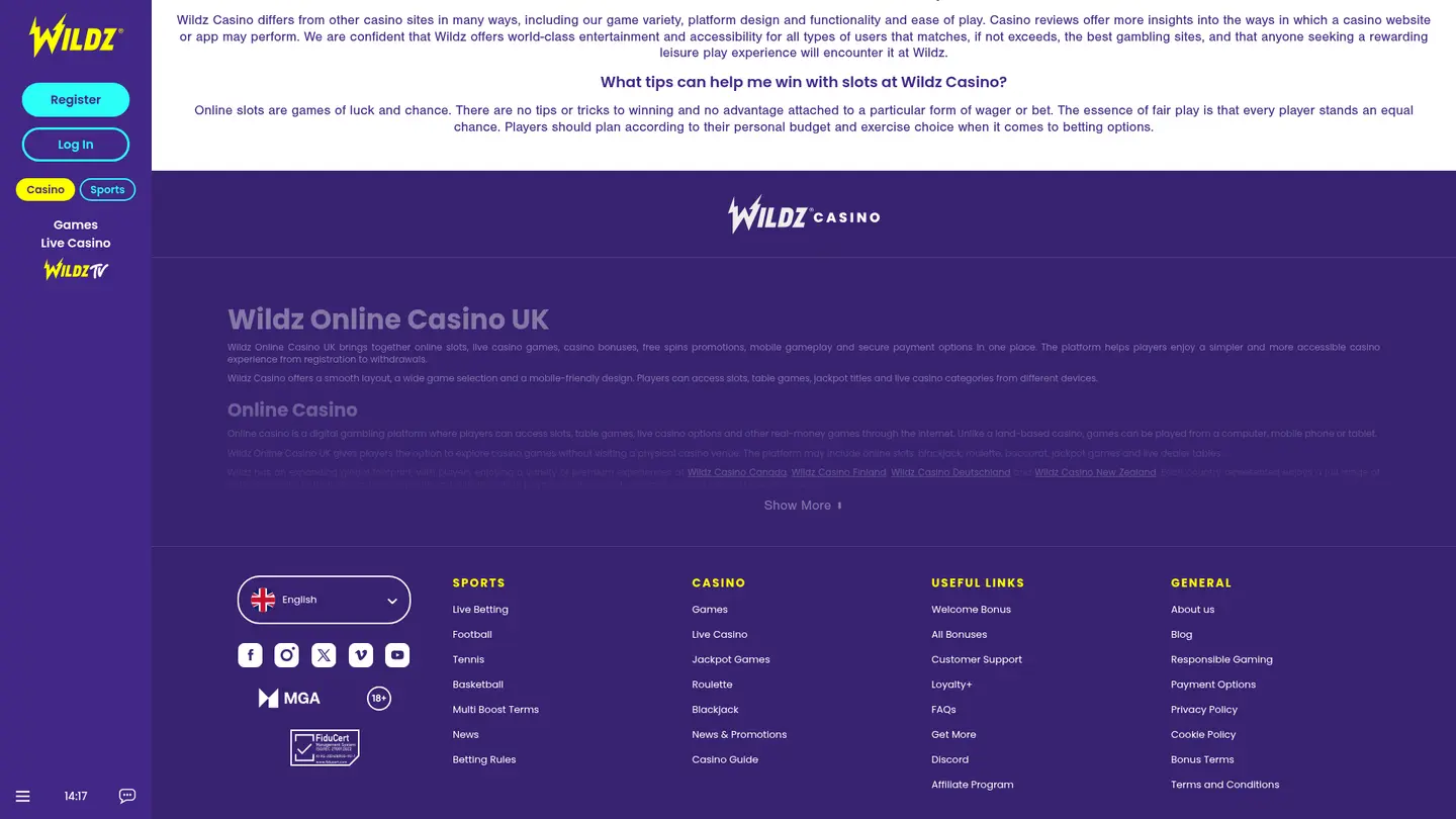 Wildz Casino — Payment methods and licensing