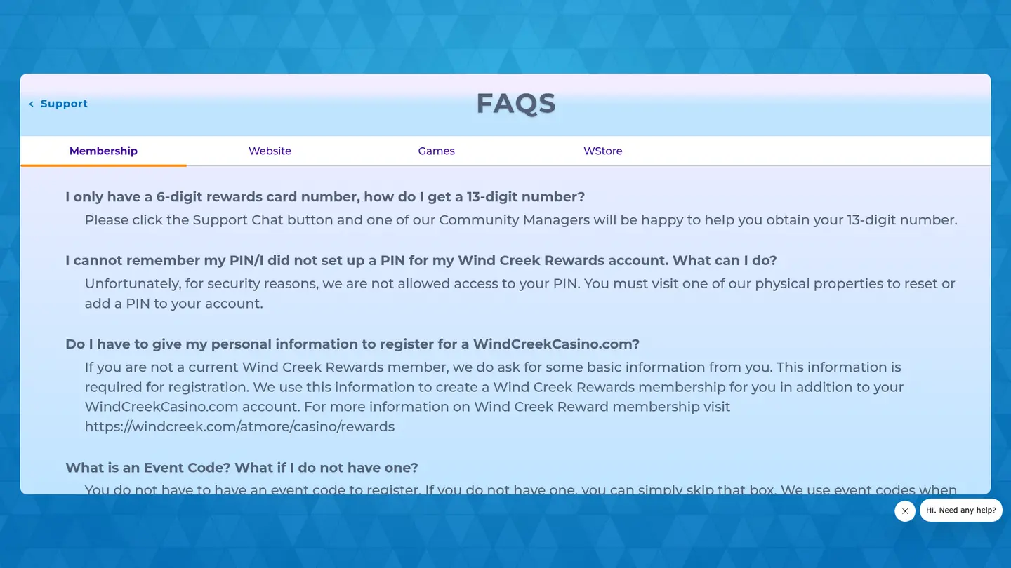 Wind Creek Social Casino — Support in detail
