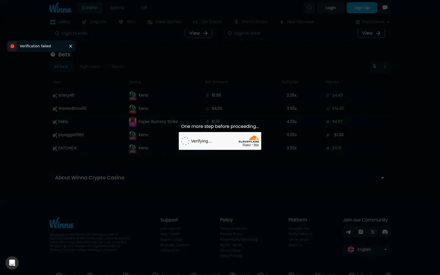 Winna Casino — Payment methods and licensing