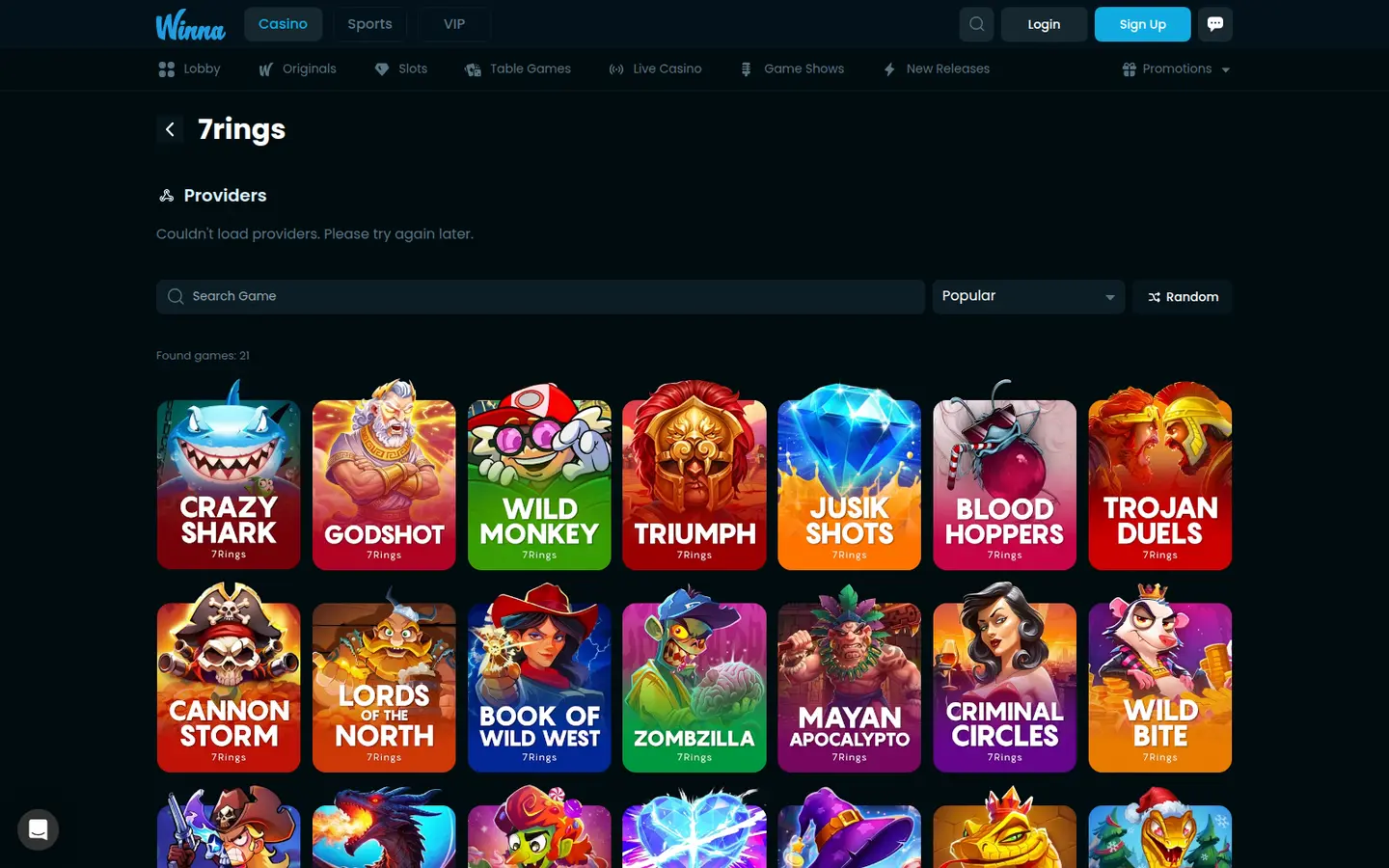 Winna Casino — Game lobby