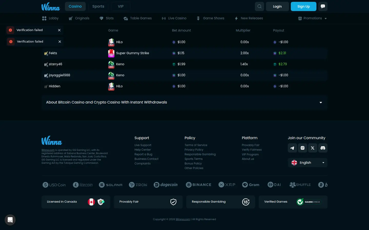 Winna Casino — Deposit methods