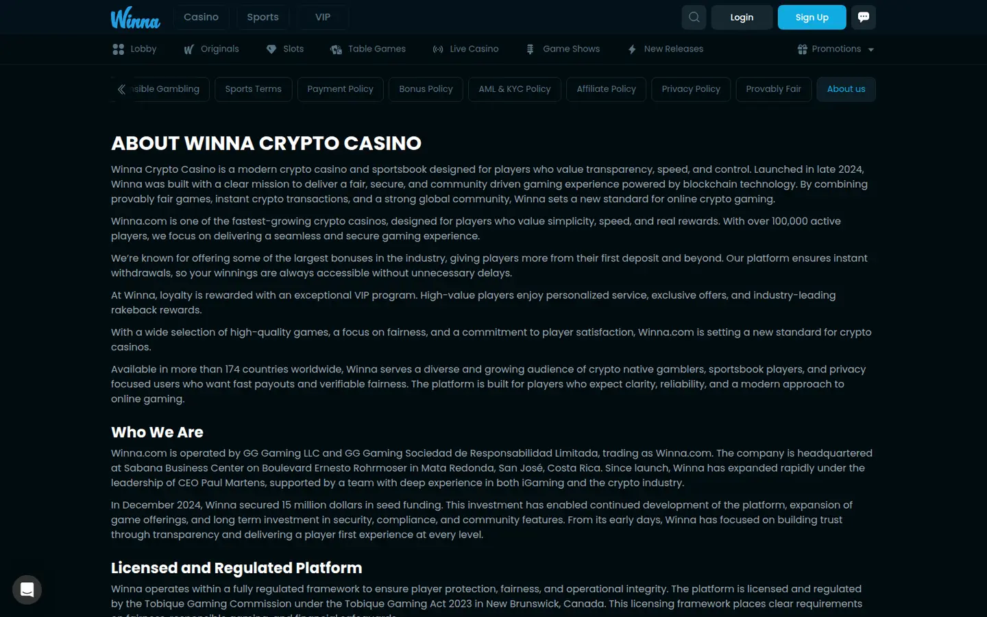 Winna Casino — Support and licensing