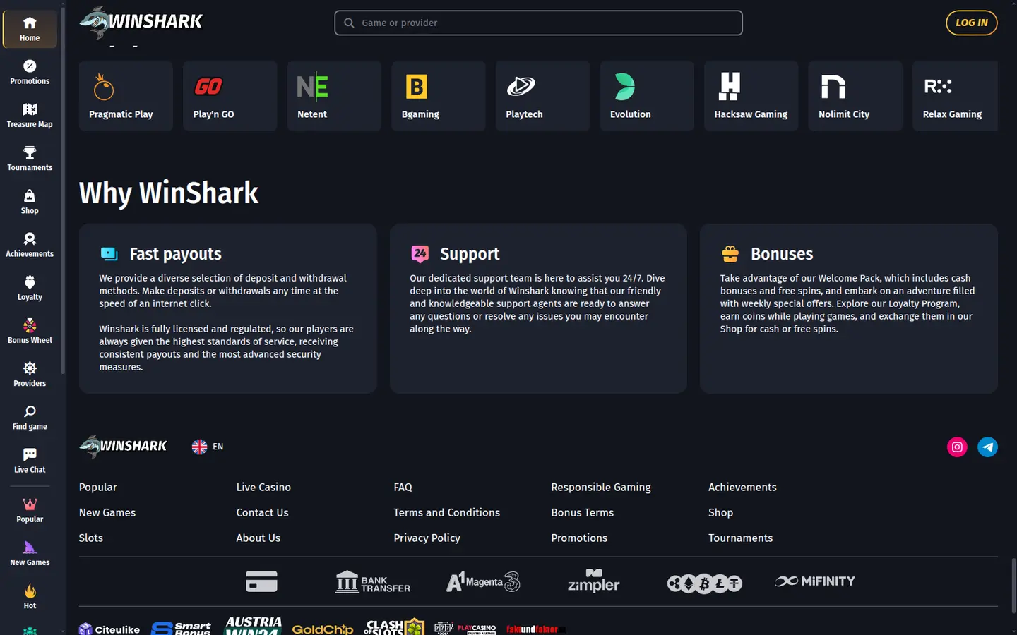 Winshark Casino — Payment methods and licensing