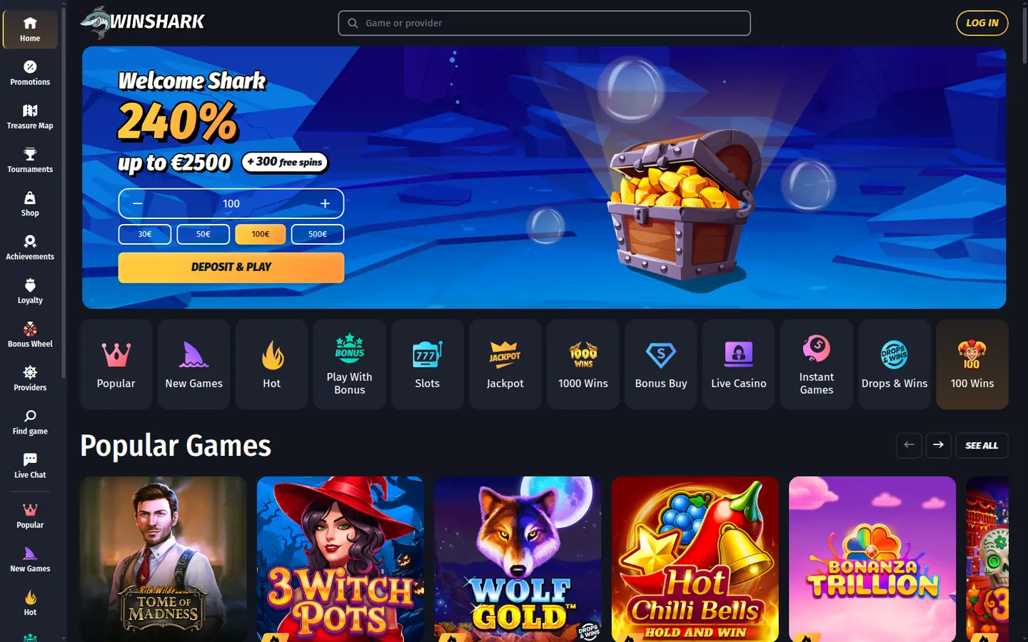 Winshark Casino Review: 240% up to €2500