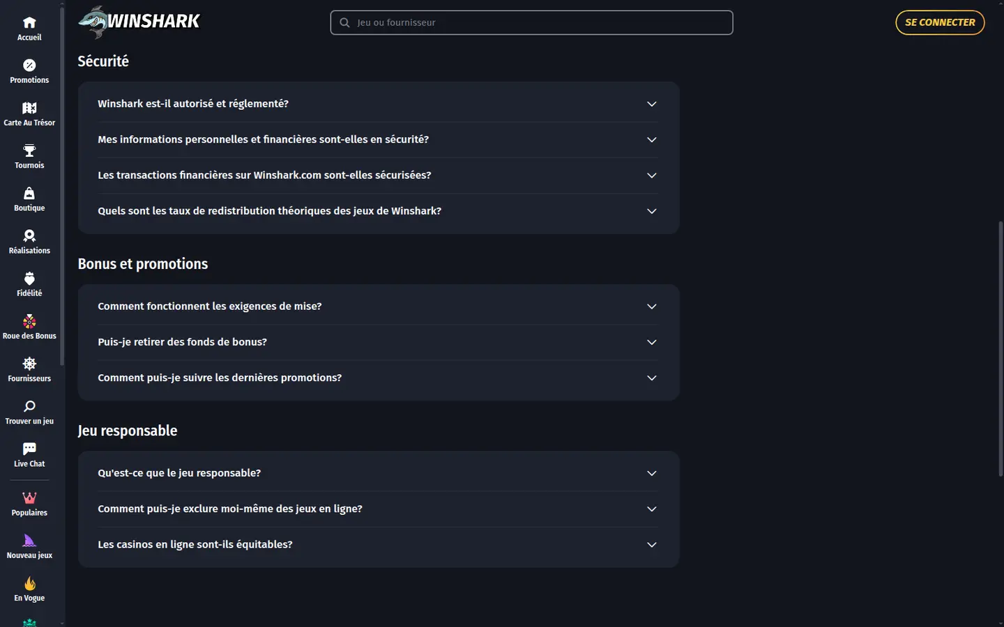 Winshark Casino — Support in detail