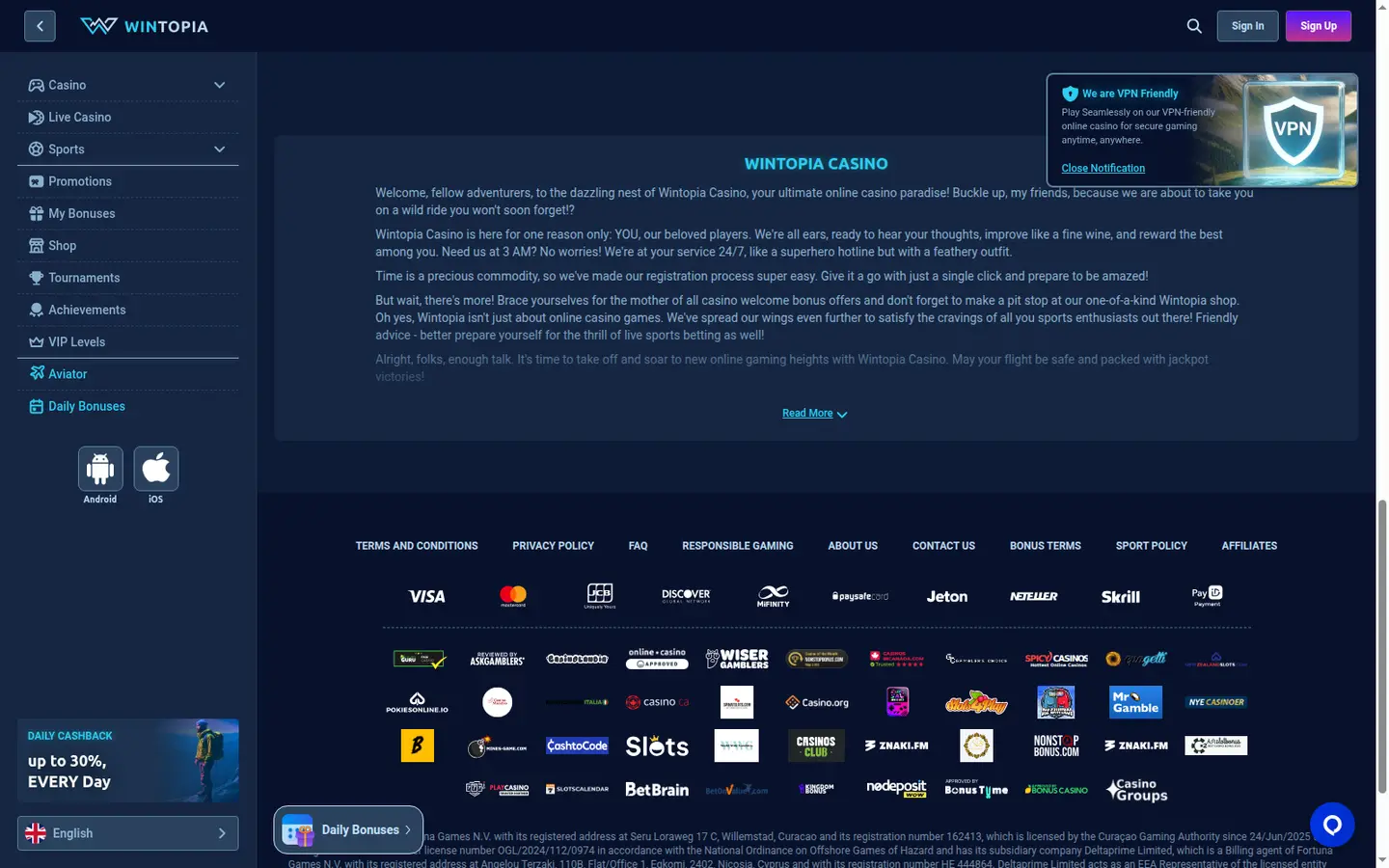 Wintopia Casino — Payment methods and licensing