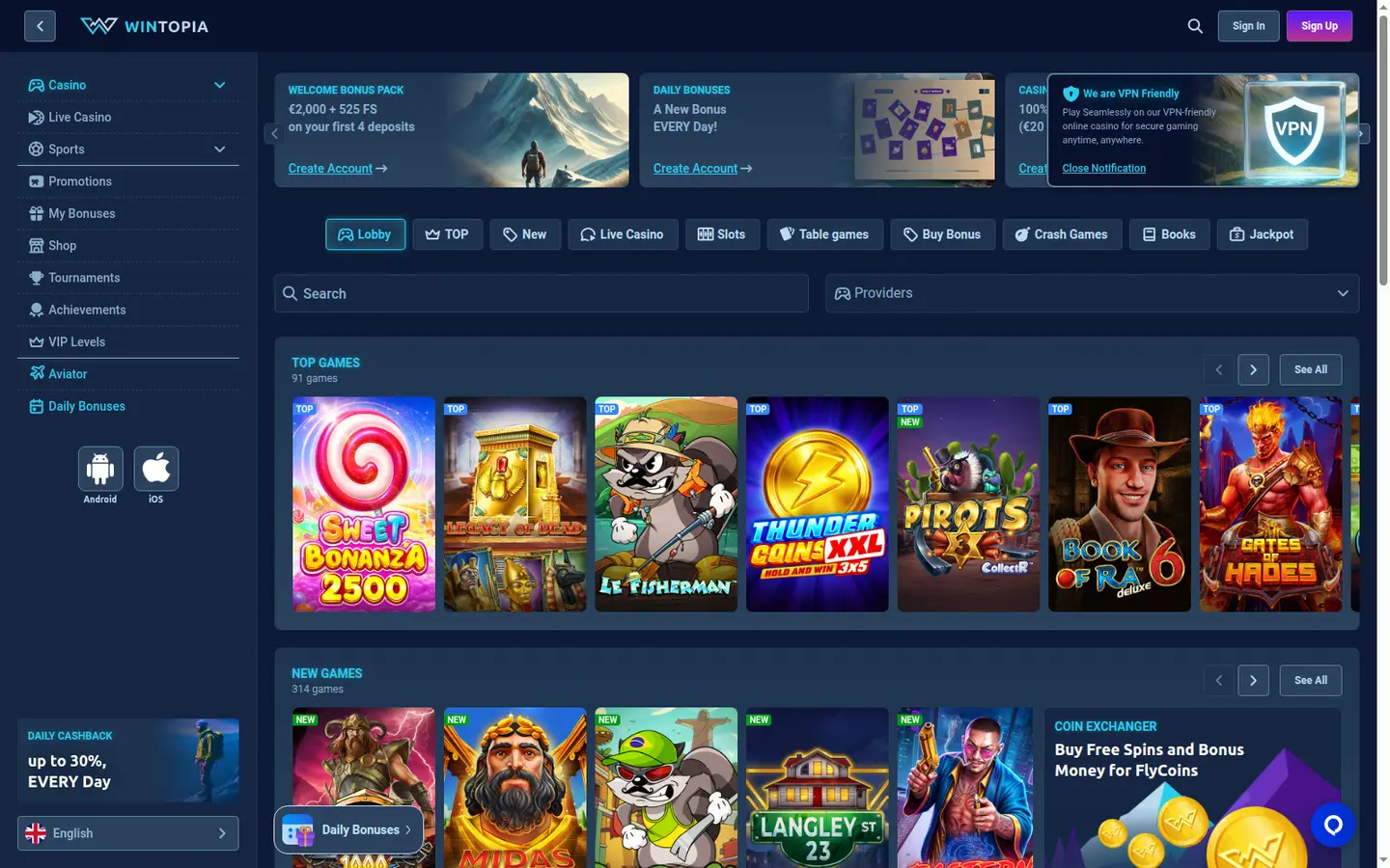 Wintopia Casino — Game lobby
