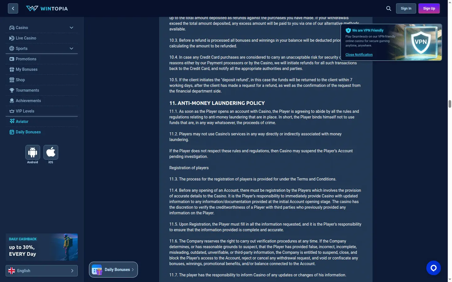 Wintopia Casino — Terms in detail