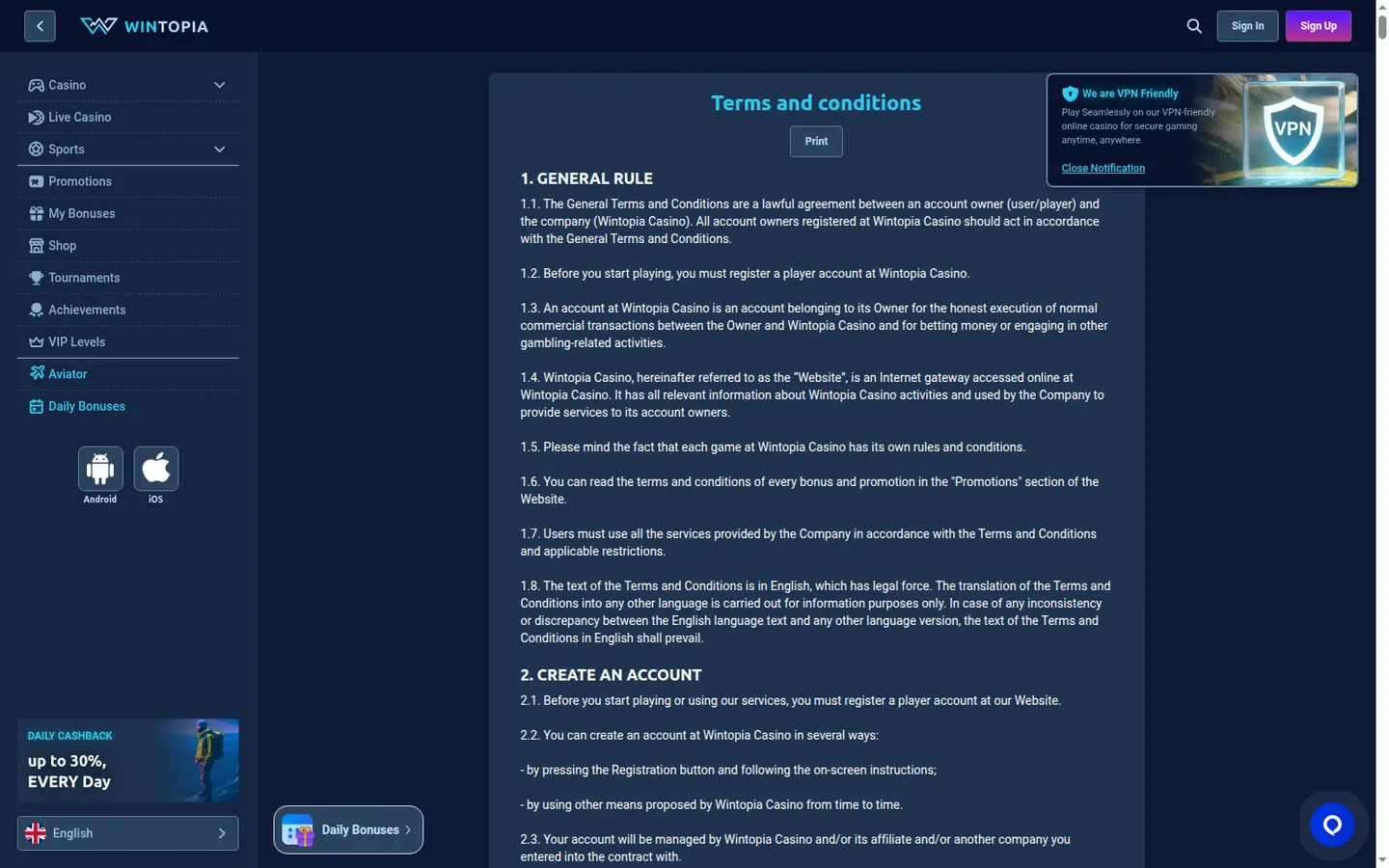 Wintopia Casino — Withdrawal terms