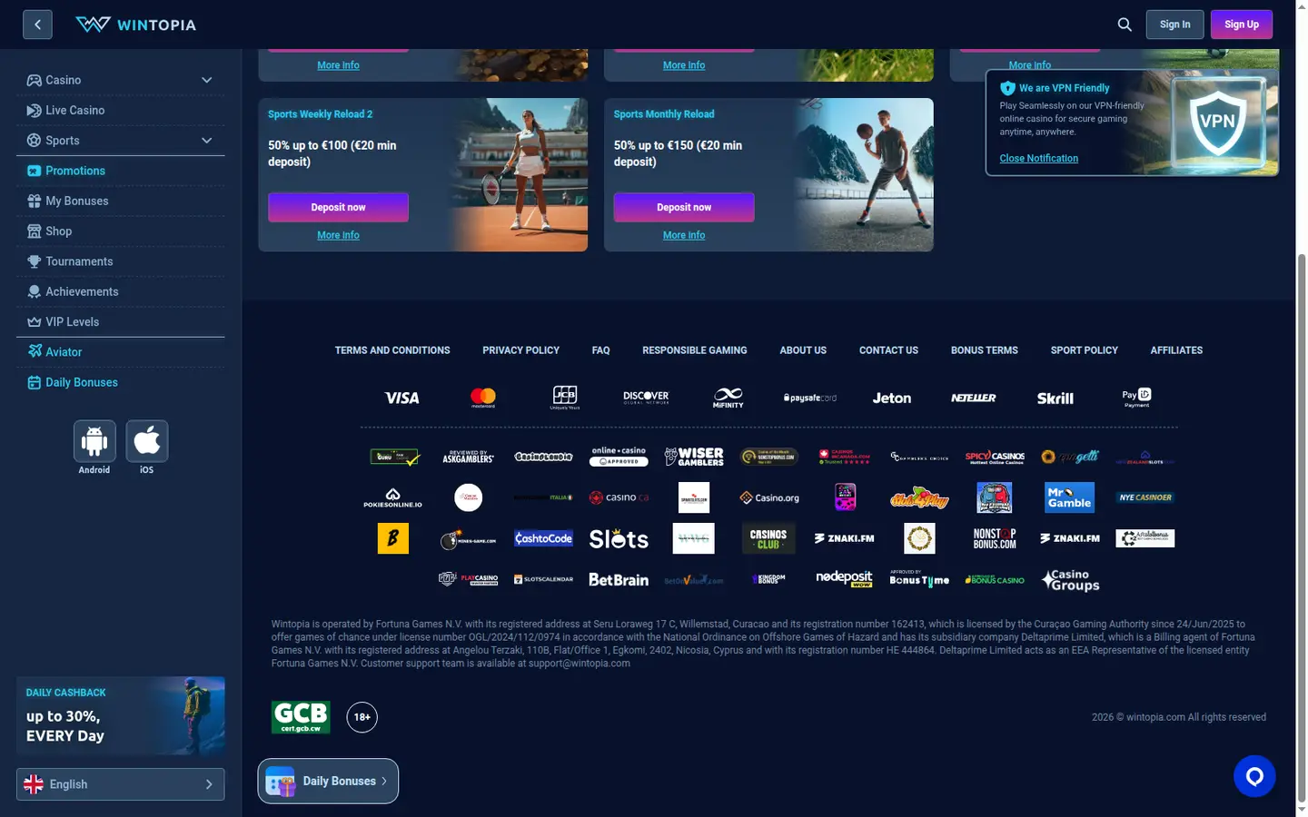 Wintopia Casino — Offers in detail