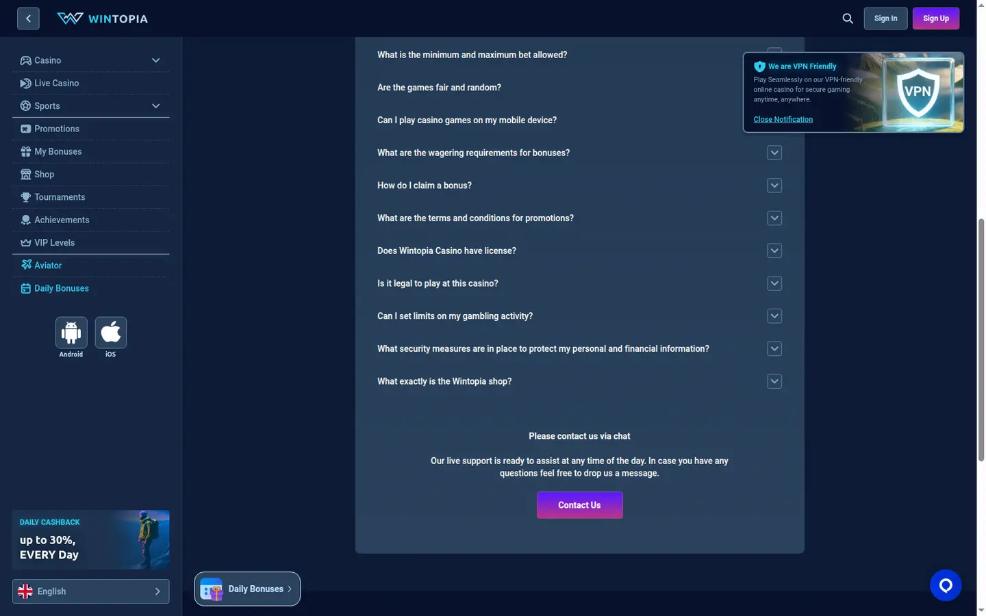 Wintopia Casino — Support in detail