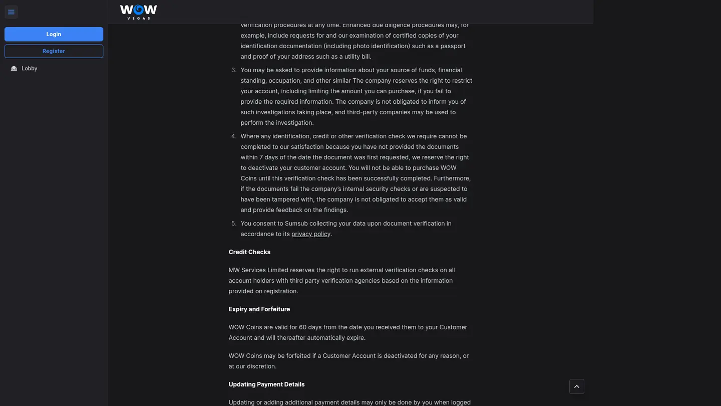 WOW Vegas Casino — Terms in detail