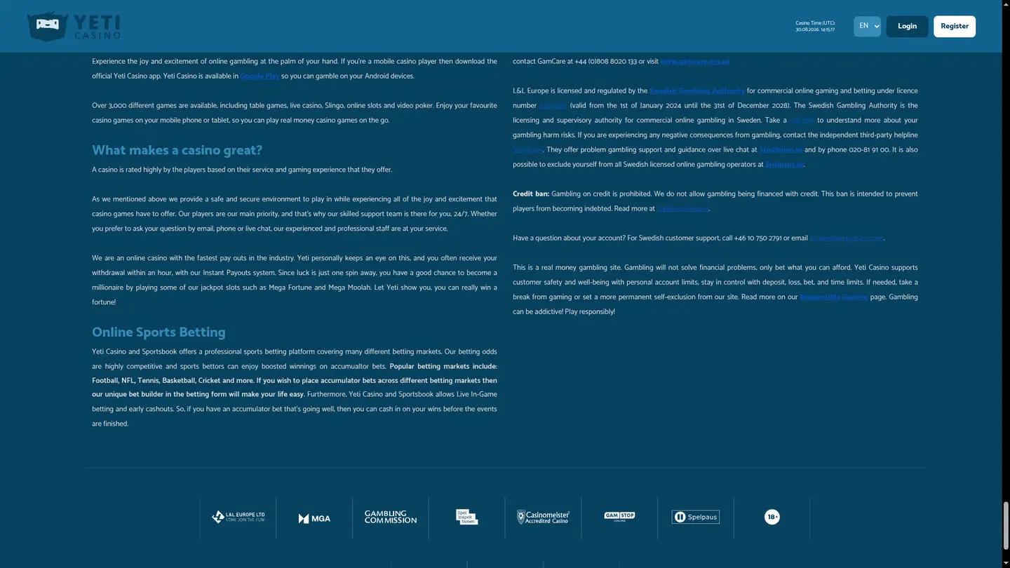 Yeti Casino — Payment methods and licensing