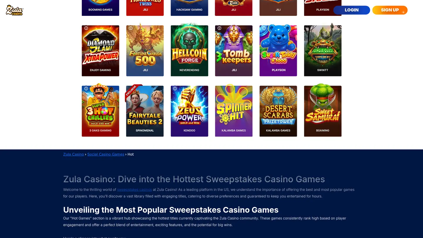 Zula Social Casino — More of the lobby